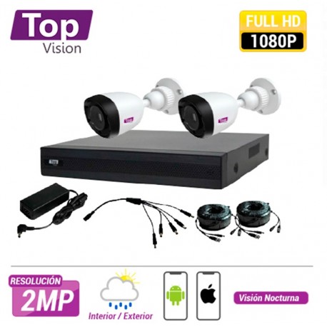 KIT TOPVISION DVR PENTAHIBRIDO 4CH 1080P LITE 1CH IP 2 CAMARAS BALA 2MP POLICARBONATO P2P