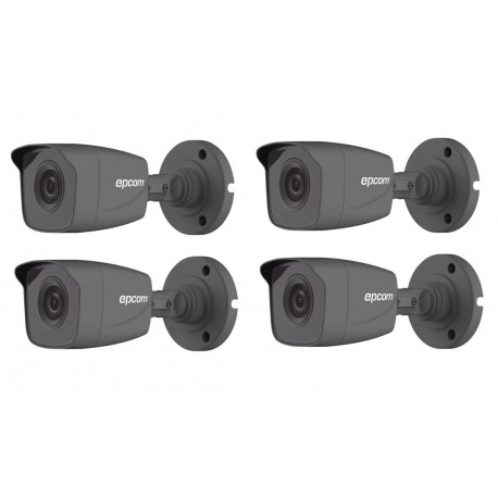 KIT 4 CÁMARAS EPCOM 720P 4 EN 1 LENTE 2.8MM ANGULO 92° IR 20MTS NEGRAS METÁLICAS